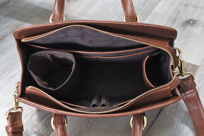 Structured Leather Handbag with Key Leash & Bottle Holder Tote