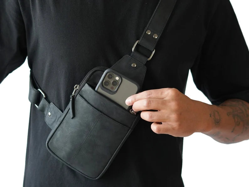 Leather Chest Bag Black Tactical Crossbody Bag Sling
