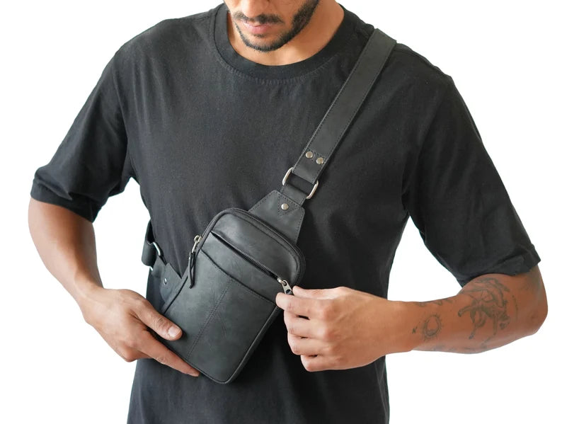 Leather Chest Bag Black Tactical Crossbody Bag Sling