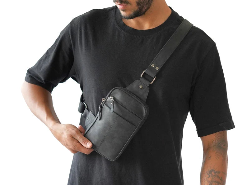 Leather Chest Bag Black Tactical Crossbody Bag Sling