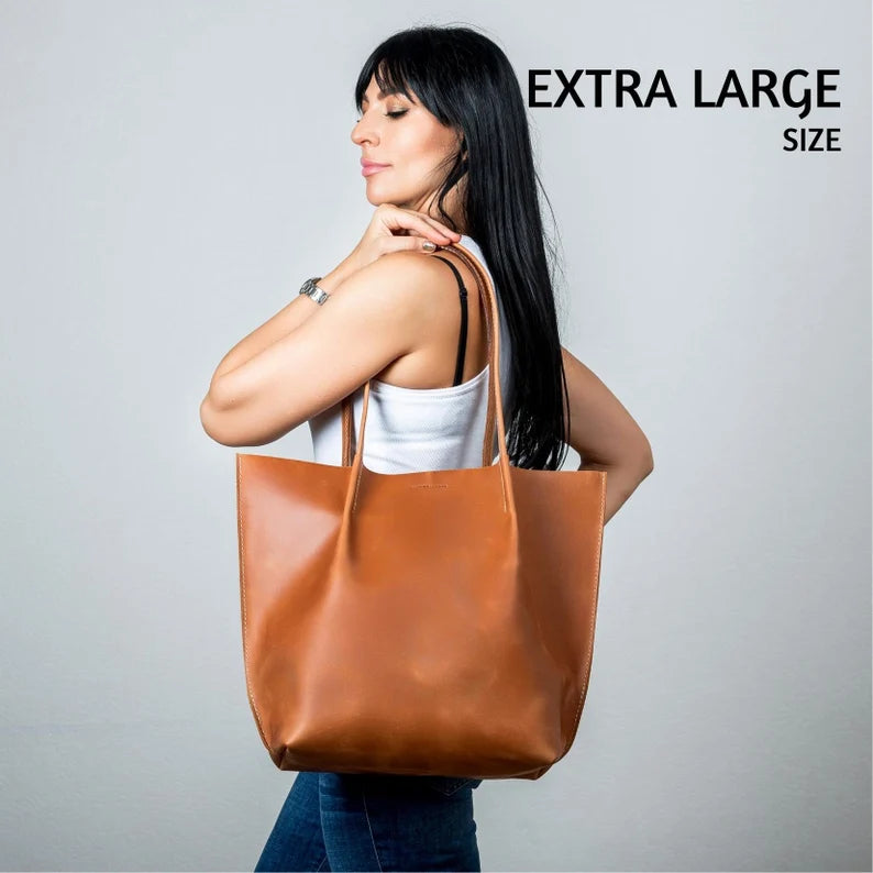 Classic Black Leather Tote Bag - Extra Large Everyday Shoulder Bag