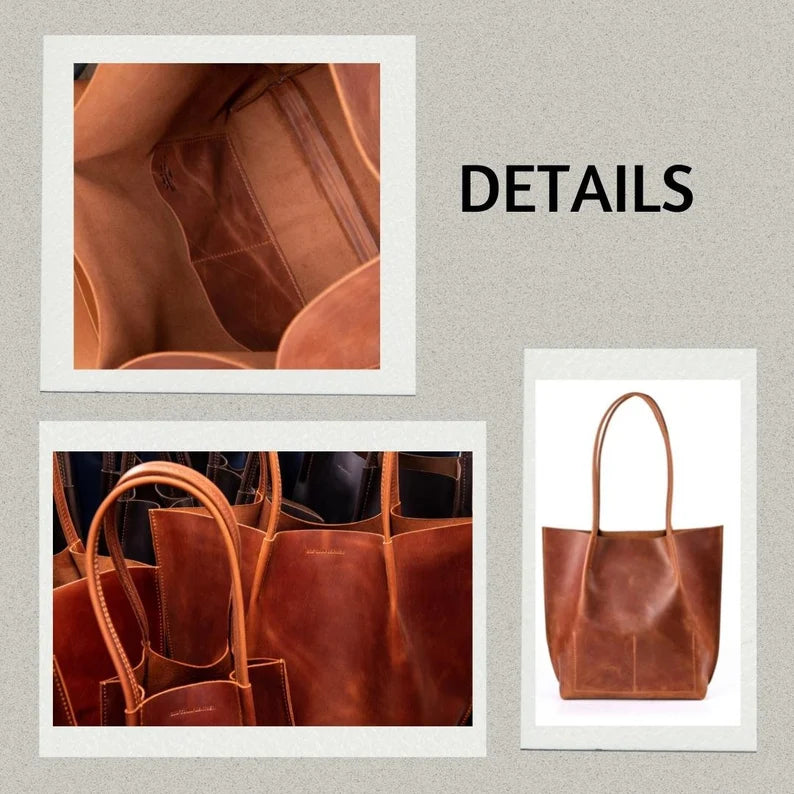 Classic Black Leather Tote Bag - Extra Large Everyday Shoulder Bag