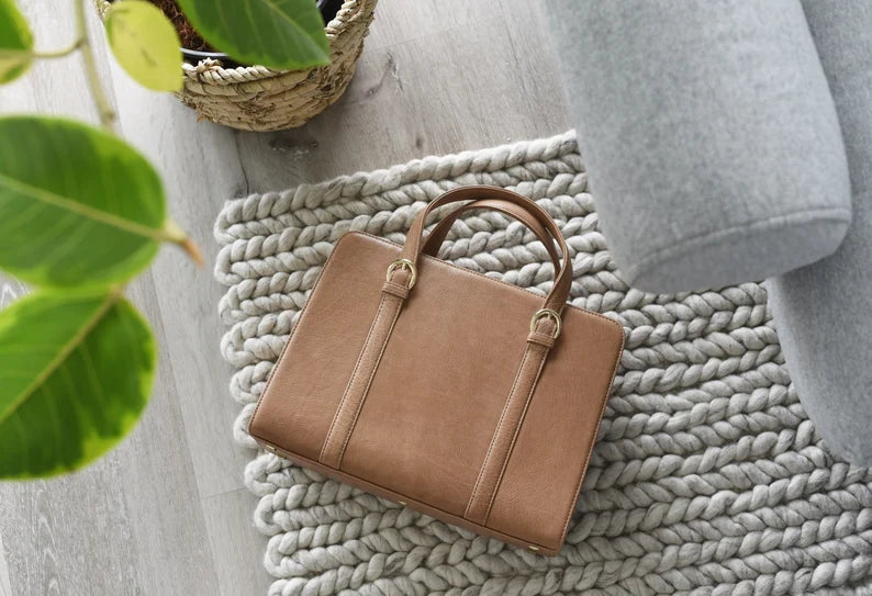 Structured Leather Handbag with Key Leash & Bottle Holder Tote