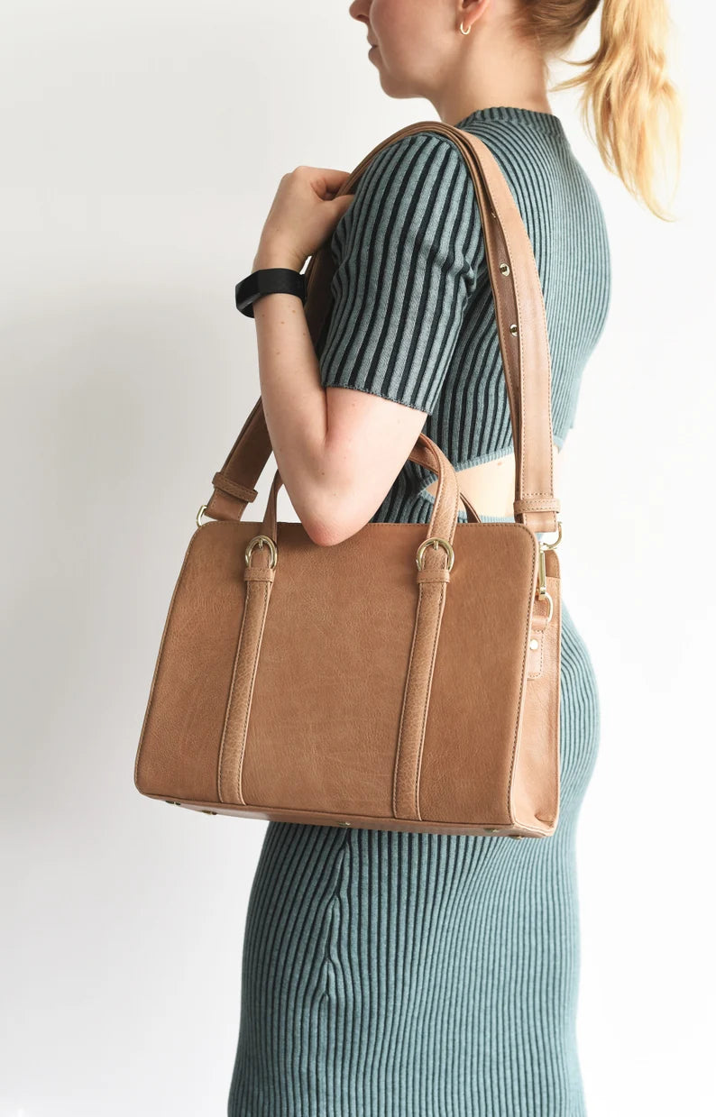 Structured Leather Handbag with Key Leash & Bottle Holder Tote